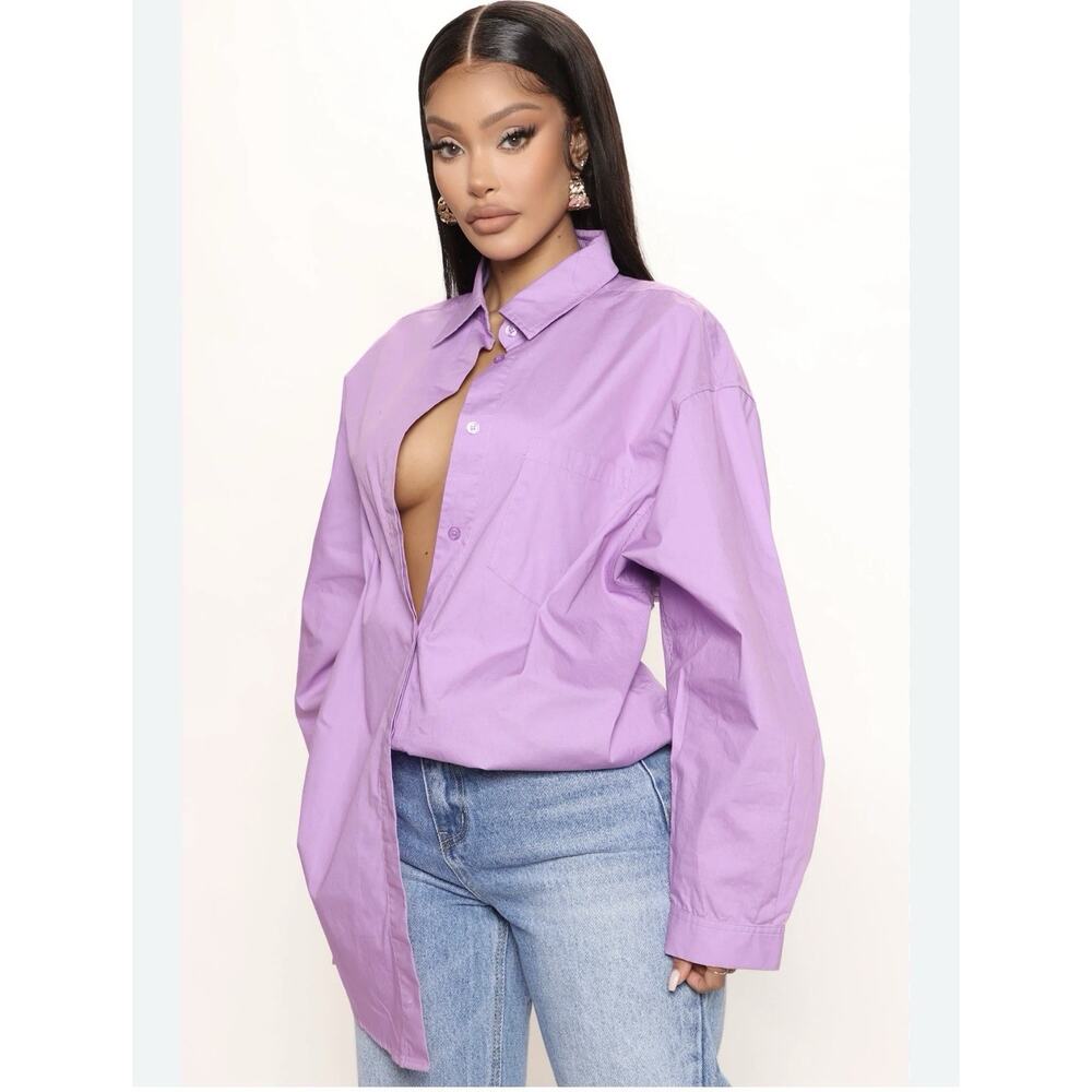 Fashion Nova Fully In Charge Oversized Women's Long Sleeve Blouse XL Purple Boho